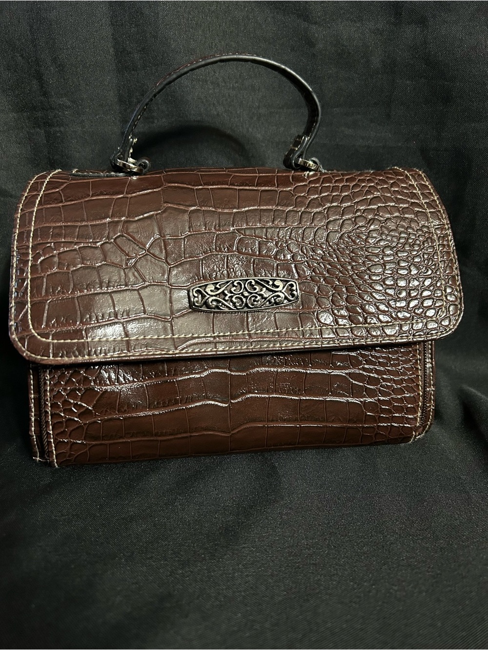 Rosetti Women’s Brown Croc-Embossed Top Handle Multi Pocket Handbag Purse